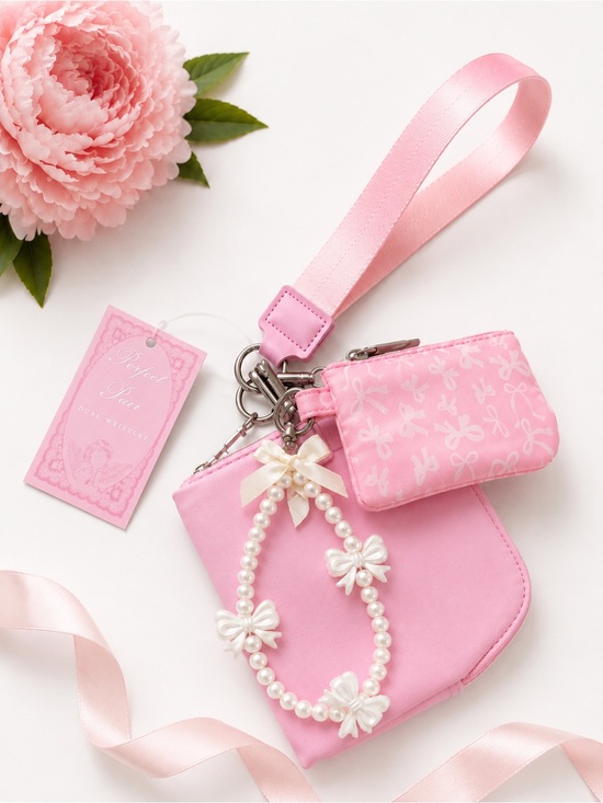 Perfect Pair Accessories - Pink Dual Wristlet Keychain Coin Pouch Card Holder Pearl Bow Charm NWT